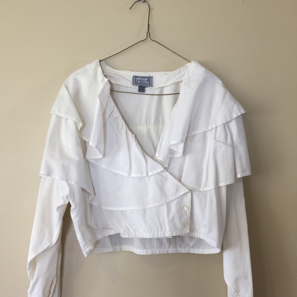 Vintage White Cropped Ruffle Blouse size Large